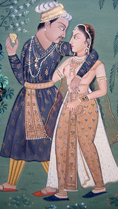 Mughal Style Indian Watercolour Painting on Paper. Romantic Couple Walking in a Garden