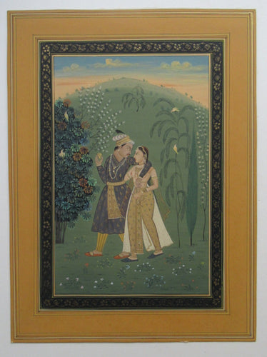 Mughal Style Indian Watercolour Painting on Paper. Romantic Couple Walking in a Garden