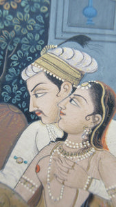 Antique Mughal Style Watercolour on Paper. Courting Couple in the Moonlight