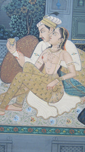 Antique Mughal Style Watercolour on Paper. Courting Couple in the Moonlight