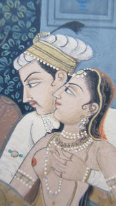 Antique Mughal Style Watercolour on Paper. Courting Couple in the Moonlight