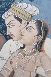 Antique Mughal Style Watercolour on Paper. Courting Couple in the Moonlight