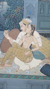 Antique Mughal Style Watercolour on Paper. Courting Couple in the Moonlight