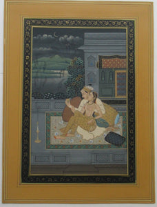 Antique Mughal Style Watercolour on Paper. Courting Couple in the Moonlight