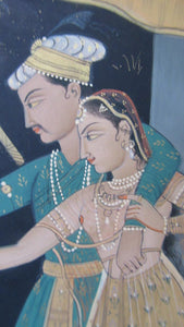 Antique Mughal Style Watercolour Painting. Couple in Moonlight with Firework Display