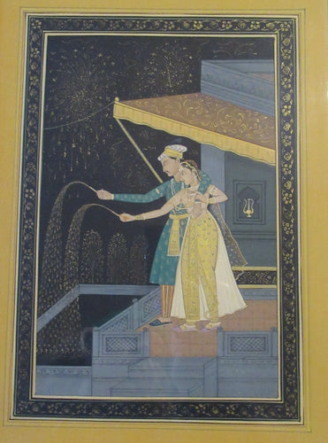 Antique Mughal Style Watercolour Painting. Couple in Moonlight with Firework Display