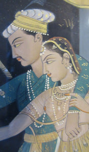 Antique Mughal Style Watercolour Painting. Couple in Moonlight with Firework Display