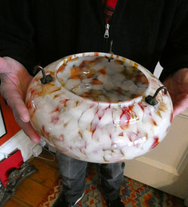 1930s Glass Hanging Goldfish Bowl or Flycatcher Lampshade. Opaque Glass with Orange & Red Tutti Frutti Splatters