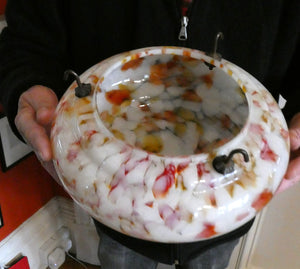 1930s Glass Hanging Goldfish Bowl or Flycatcher Lampshade. Opaque Glass with Orange & Red Tutti Frutti Splatters