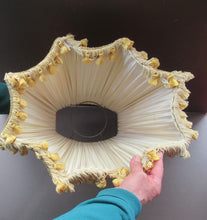Load image into Gallery viewer, Vintage Pleated Silk Chiffon Lamp Shade with Gold Brocade and Tassels

