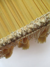 Load image into Gallery viewer, Vintage Pleated Silk Chiffon Lamp Shade with Gold Brocade and Tassels
