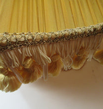 Load image into Gallery viewer, Vintage Pleated Silk Chiffon Lamp Shade with Gold Brocade and Tassels
