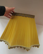 Load image into Gallery viewer, Vintage Pleated Silk Chiffon Lamp Shade with Gold Brocade and Tassels
