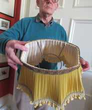 Load image into Gallery viewer, Vintage Pleated Silk Chiffon Lamp Shade with Gold Brocade and Tassels
