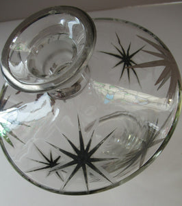 Rare 1930s Art Deco CZECH Glass Decanter Embellished with Large Silver Pointed Stars