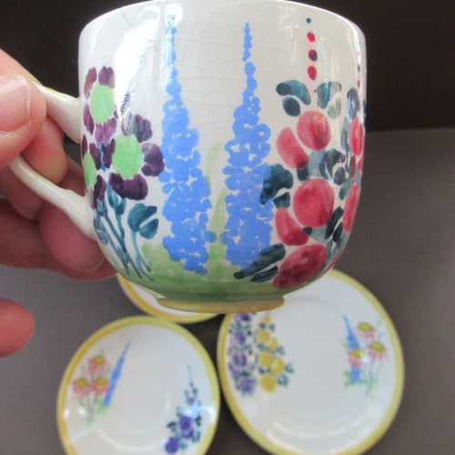 1920s Scottish Pottery Scottish Lady Painter Trio. Cup, Sauder and Side Plate