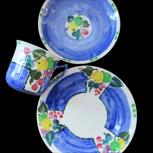 1920s Scottish Pottery Mak Merry Trio. Blue with Fruit and Flowers