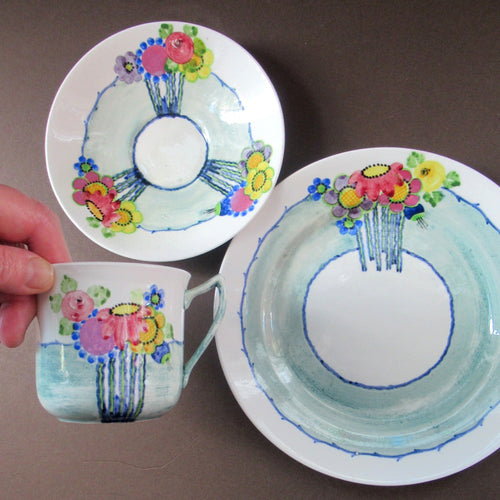 1920s Scottish Pottery Trio Cup Saucer Side Plate Mak Merry Floral Pattern Daisy