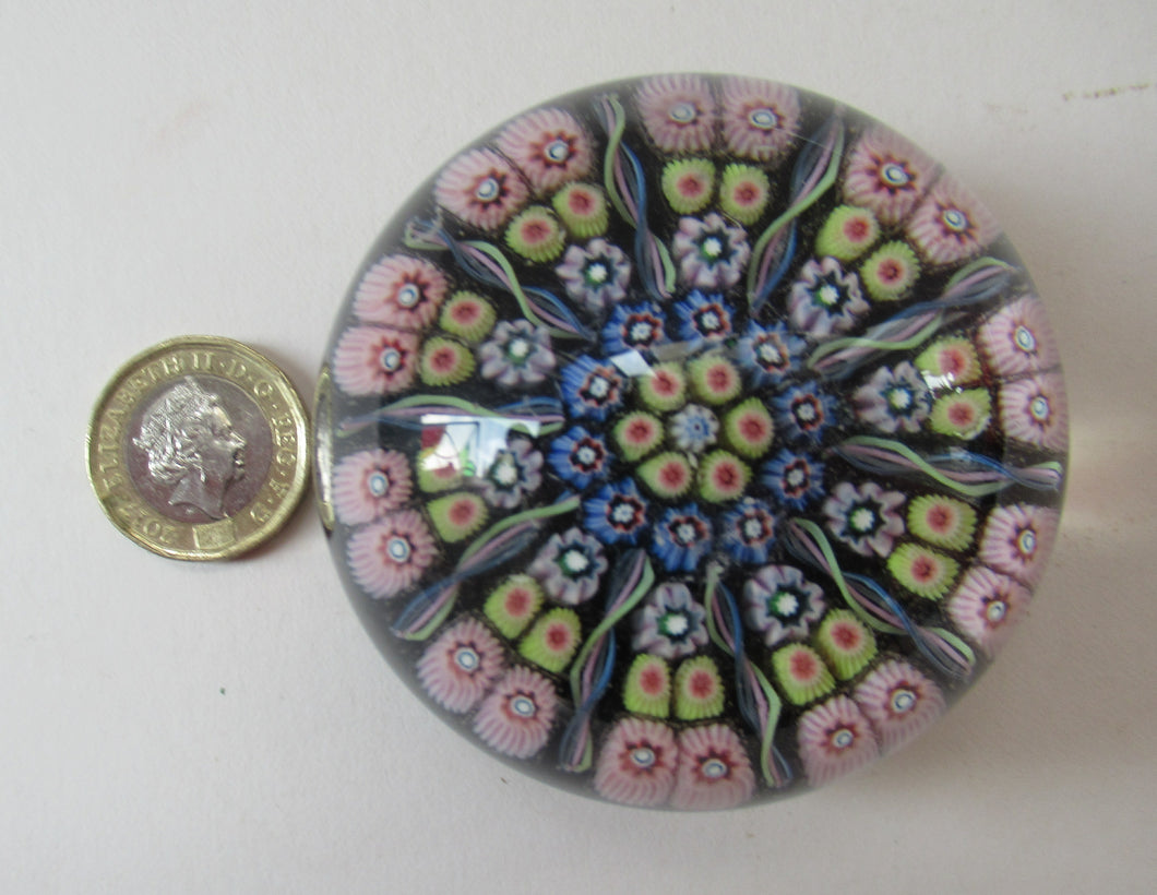 1970s Early Perthshire Paperweight Scottish Glass Millefiori and Latticino Spokes