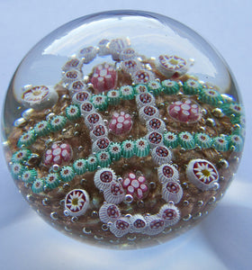 Vintage Murano Italian Glass Paperweight with Gold Aventurine and Millefiori