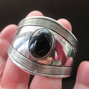 Vintage 925 Silver Cuff Bracelet with Onyx Cabochon Mexican