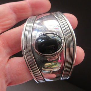 Vintage 925 Silver Cuff Bracelet with Onyx Cabochon Mexican