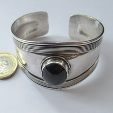 Load image into Gallery viewer, Vintage 925 Silver Cuff Bracelet with Onyx Cabochon Mexican
