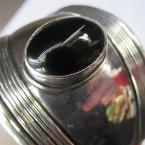 Vintage 925 Silver Cuff Bracelet with Onyx Cabochon Mexican