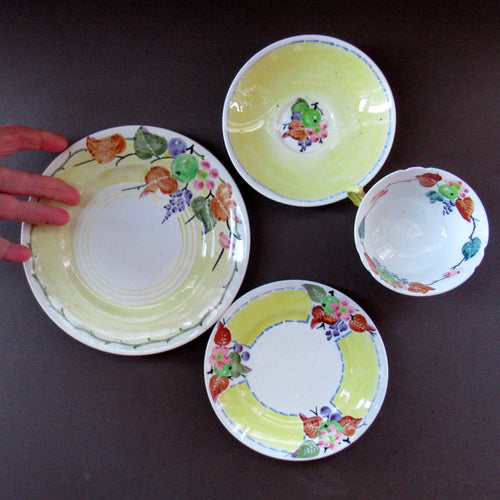 Antique 1920s Hand Painted MAK MERRY Pottery Trio. Cup, Saucer and Side Plate and Another Larger Plate