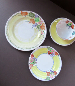 SCOTTISH POTTERY.  Vintage 1920s Hand Painted MAK MERRY Pottery Trio. Cup, Saucer and Side Plate and Another Larger Plate