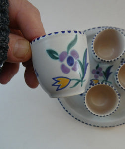 Vintage 1950s Floral POOLE POTTERY Set of Four Egg Cups & Matching Stand
