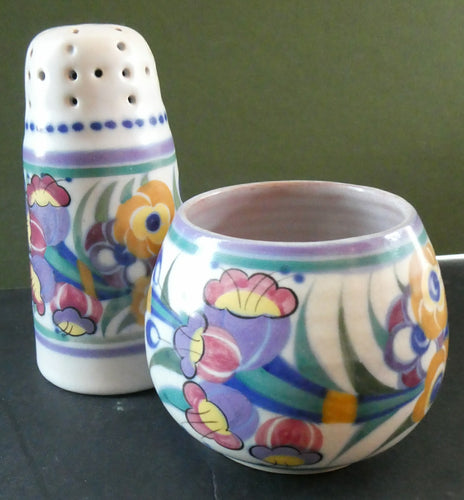 1930s Truda Carter Poole Pottery Sugar Shaker and Round Pot  Fuchsia Pattern