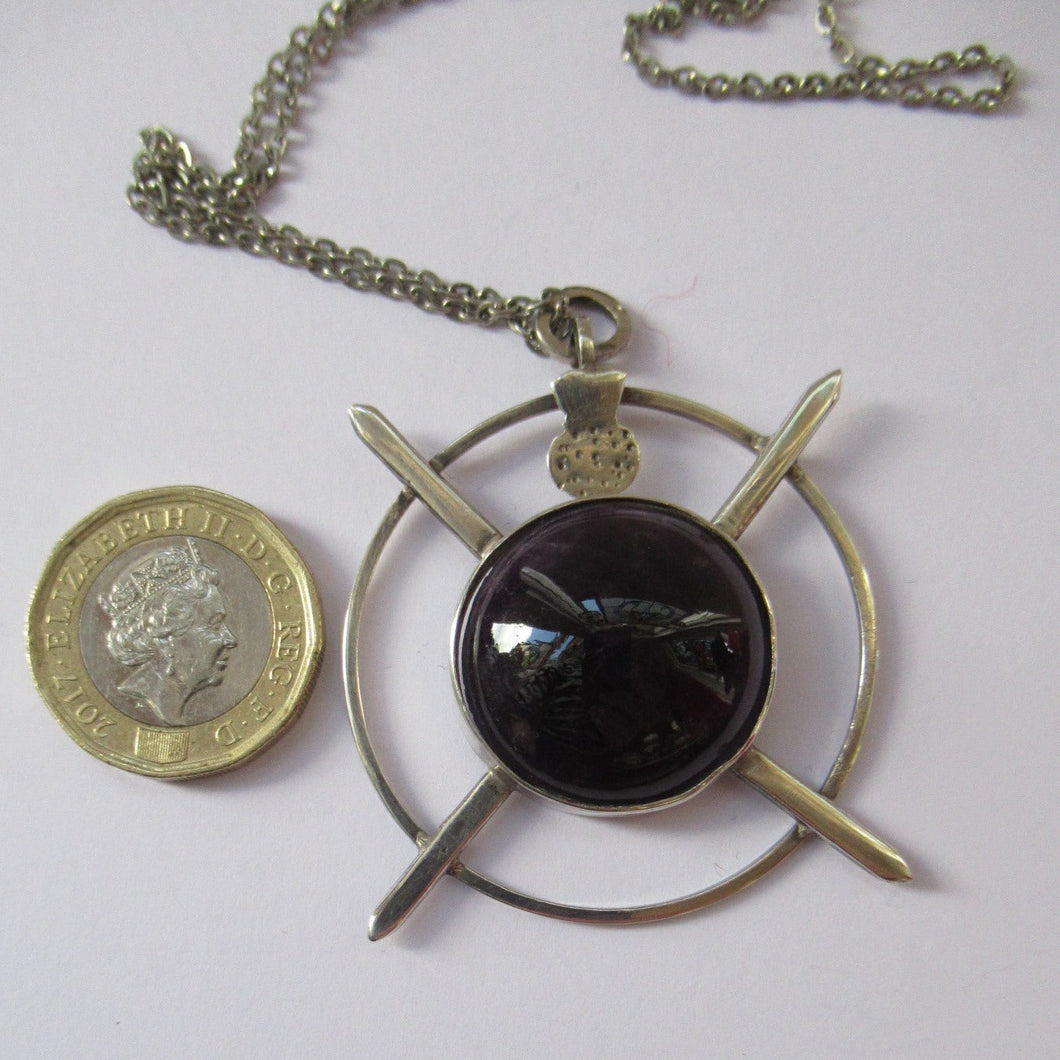 Stylish Vintage 1980s Hallmarked Silver Scottish Pendant with Amethyst Inclusion