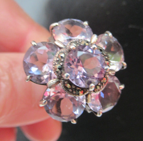 Vintage 925 Solid Silver Ring Flower Head with Amethyst Crystals UK Size O