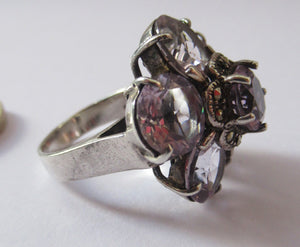 Vintage 925 Solid Silver Ring Flower Head with Amethyst Crystals UK Size O