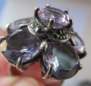 Vintage 925 Solid Silver Ring Flower Head with Amethyst Crystals UK Size O