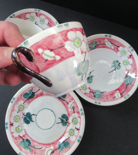 Antique Scottish Pottery Bough. Cup and Saucers & Side Plate. Pink Prunus