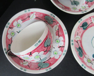 Antique Scottish Pottery Bough. Cup and Saucers & Side Plate. Pink Prunus