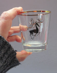1950s French Drinking Tumblers with Black and Gold Reindeer Pattern