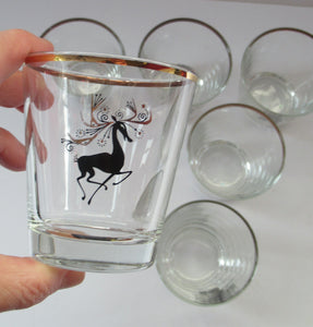 1950s French Drinking Tumblers with Black and Gold Reindeer Pattern