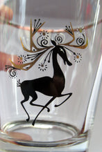 Load image into Gallery viewer, Black Reindeers. Vintage 1950s Set of Six Short Tumblers /  Glasses with Stylised Black and Gold Reindeer Design
