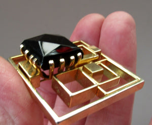 Vintage Costume Jewellery Large Square Brutalist Gold Colour Brooch Abstract with Large Glass Stone 1970s 