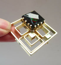 Load image into Gallery viewer, Vintage Costume Jewellery Large Square Brutalist Gold Colour Brooch Abstract with Large Glass Stone 1970s 
