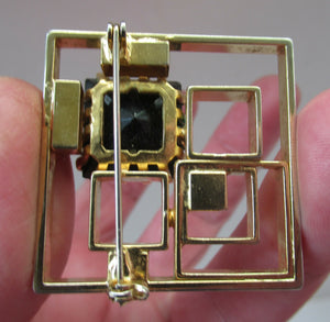 Vintage Costume Jewellery Large Square Brutalist Gold Colour Brooch Abstract with Large Glass Stone 1970s 