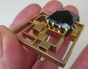 Vintage Costume Jewellery Large Square Brutalist Gold Colour Brooch Abstract with Large Glass Stone 1970s 