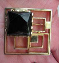 Load image into Gallery viewer, Vintage Costume Jewellery Large Square Brutalist Gold Colour Brooch Abstract with Large Glass Stone 1970s 
