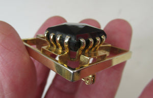 Vintage Costume Jewellery Large Square Brutalist Gold Colour Brooch Abstract with Large Glass Stone 1970s 