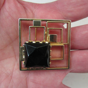 Vintage Costume Jewellery Large Square Brutalist Gold Colour Brooch Abstract with Large Glass Stone 1970s 