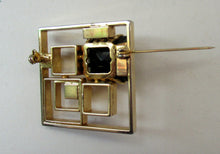 Load image into Gallery viewer, Vintage Costume Jewellery Large Square Brutalist Gold Colour Brooch Abstract with Large Glass Stone 1970s 
