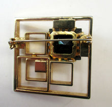 Load image into Gallery viewer, Vintage Costume Jewellery Large Square Brutalist Gold Colour Brooch Abstract with Large Glass Stone 1970s 
